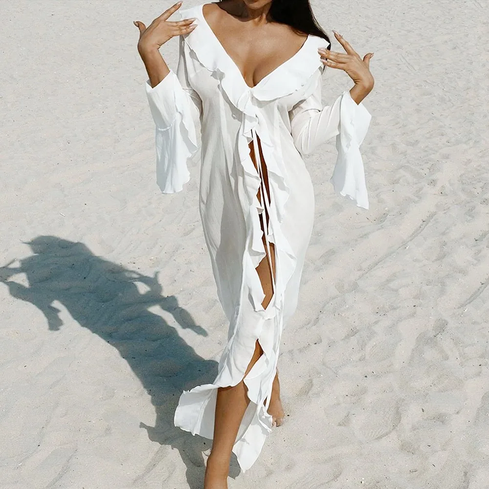 Fashion V Neck Summer Beach Cover Up Ruffled Long Sleeve Beach Dress Casual Loose Bikini Sunscreen Smock for Women 1