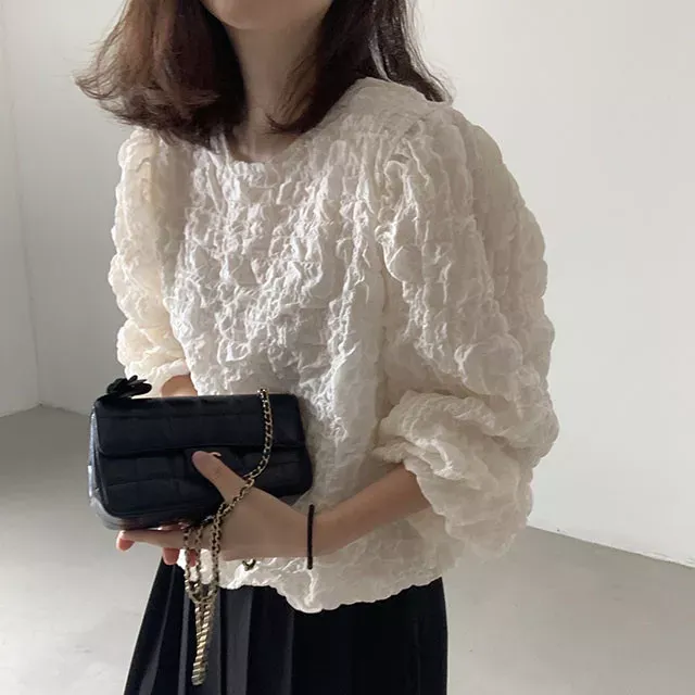 Neck Loose Blusas Korea Chic Autumn Simple Ladies Shirt Fold Design Bubble Cotton Long Sleeve Womens Blouses Top