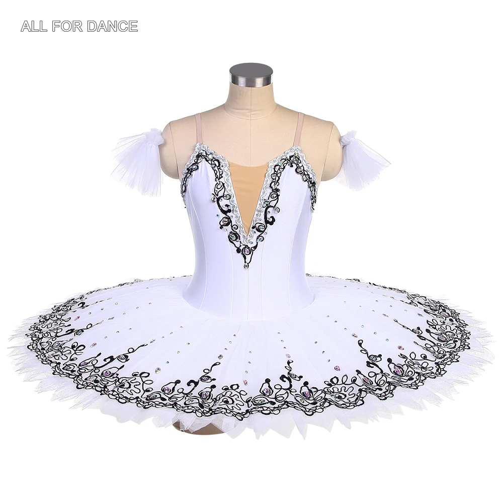 

BLL567 White Pre-Professional Ballet Dance Tutu Dress with Black Lace Decoration Classical Pancake Tutus Ballerina Solo Costume