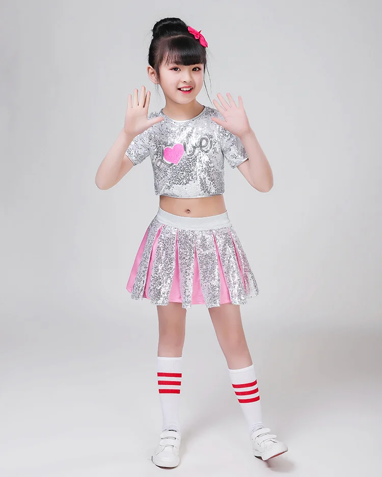 3pc Children Girl hip Hop Jazz Costume Modern Ballroom Dance Wear Clothing Kids Sequined Sports Clothes For Girls White Jazz