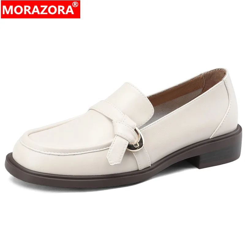 

MORAZORA 2024 New Loafers Genuine Leather Shoes Woman Simple Ladies Platform Pumps Slip On Square Med Heels Single Shoes