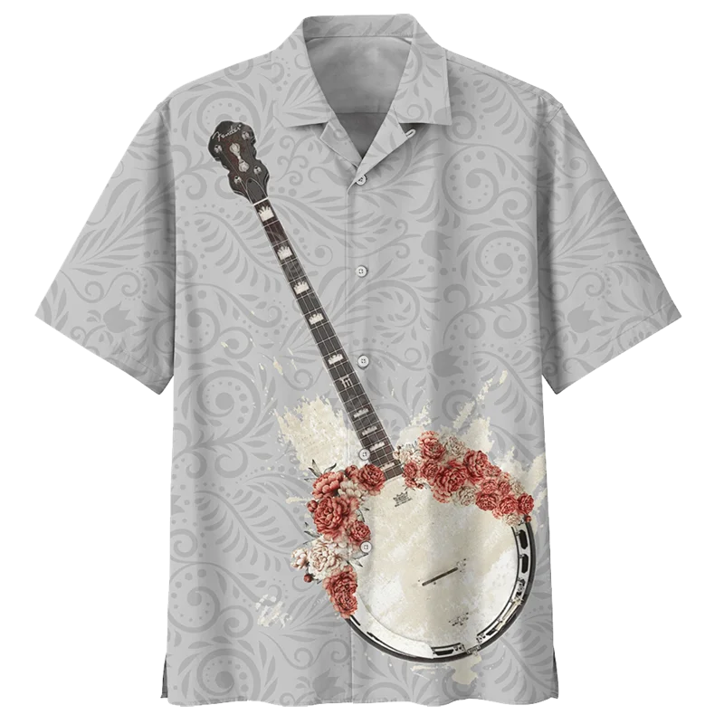 thumbnail image 1 of Camisa hawaiana con estampado 3D de guitarra de banjo para hombre, blusa con botones de instrumento musical, solapa suelta, manga corta, hawaiana, 1 of 5