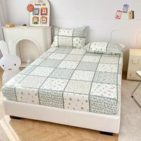 Floral Patchwork Fitted Sheet Twin Queen Size 100% Cotton Green Plaid Deep Pocket Sheet 3Pcs Shabby Chic Botanical Bed Sheet Set 2
