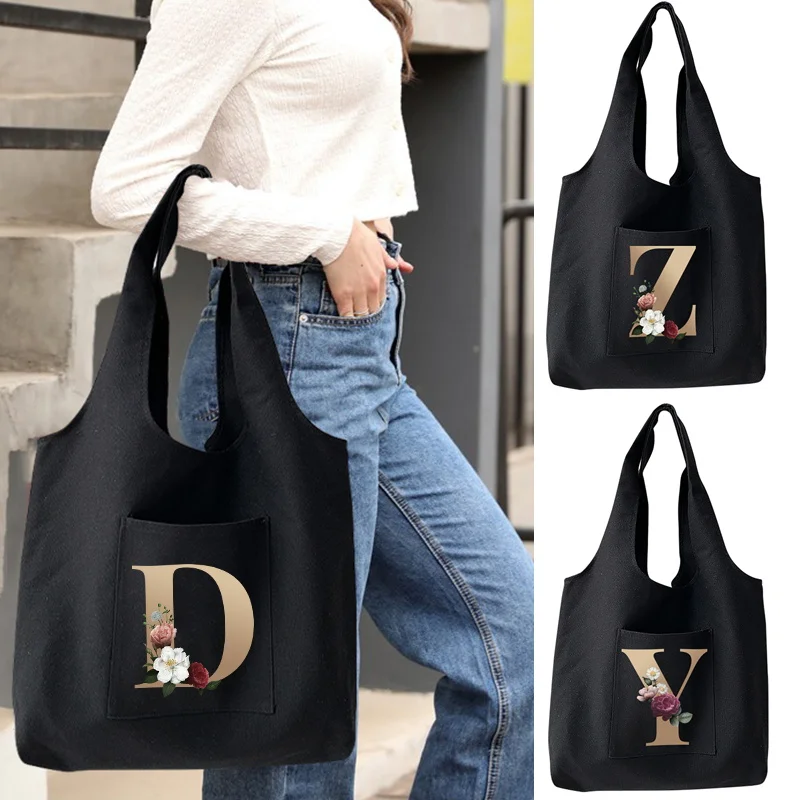 

Women Shopping Bags Commuter Vest Bag Gold Letter Large Capacity Supermarket Handbags Organizers Ladies Casual Canvas Tote Bag