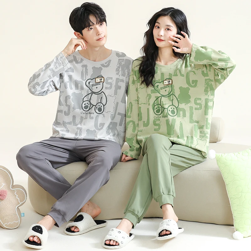 Bear Cute Cartoon Printed Pajamas Set for Men and Women Spring Long Homewear Youth Girl Boy Nightwear Cotton Pijamas for Couples