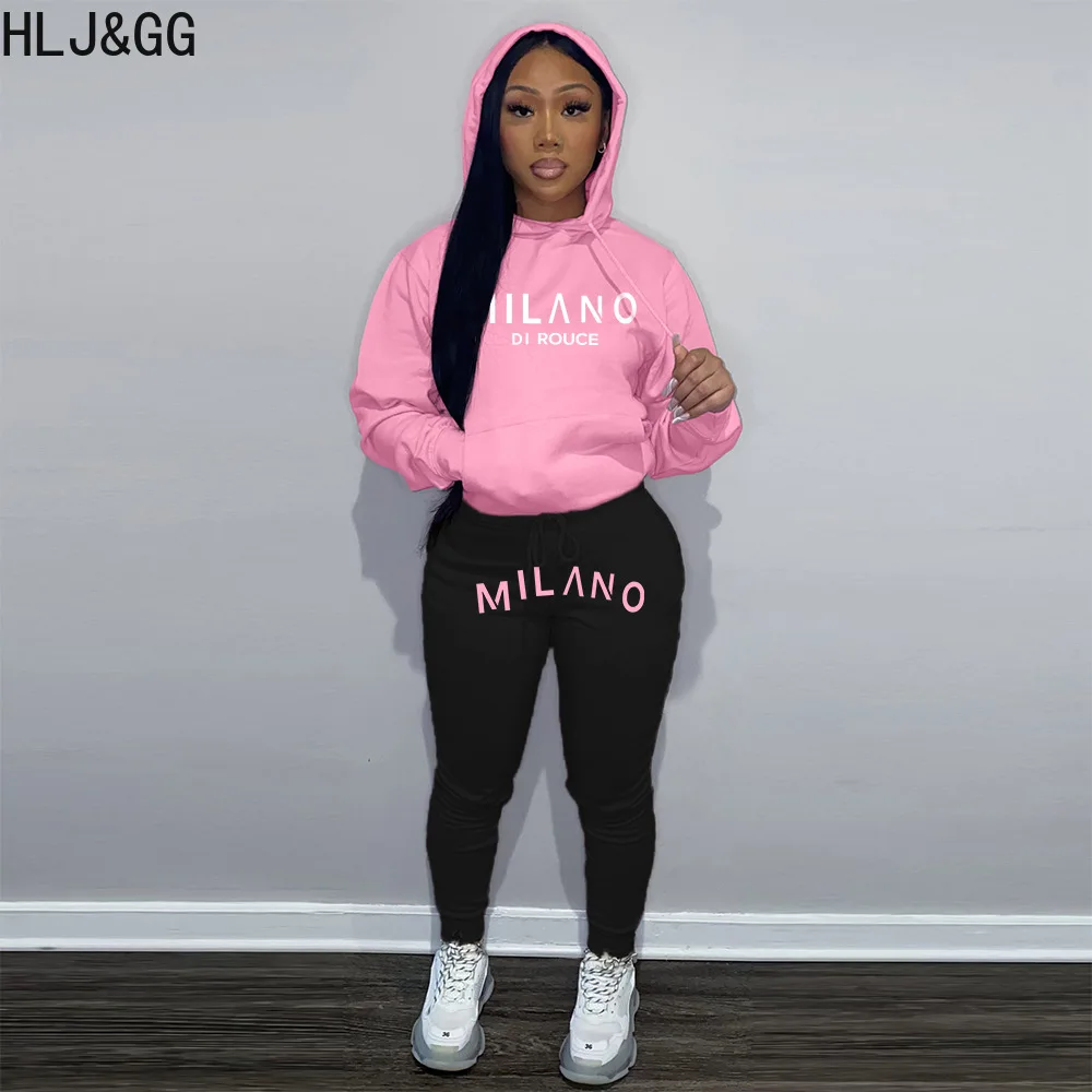 HLJ&GG Autumn Winter Hooded Tracksuits Women Letter Print Long Sleeve Sweatshirts And Jogger Pants Two Piece Sets Outfits 2023