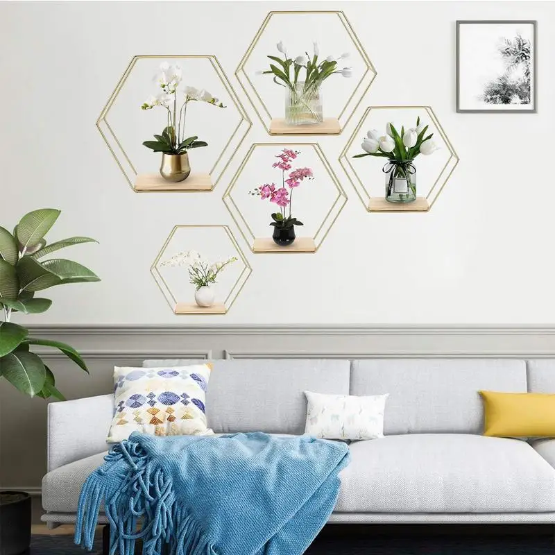 Floating Shelves For Wall 5 Pieces Metal Hexagonal Floating Wall Shelf Modern Different Sizes Storage Rack Decorative