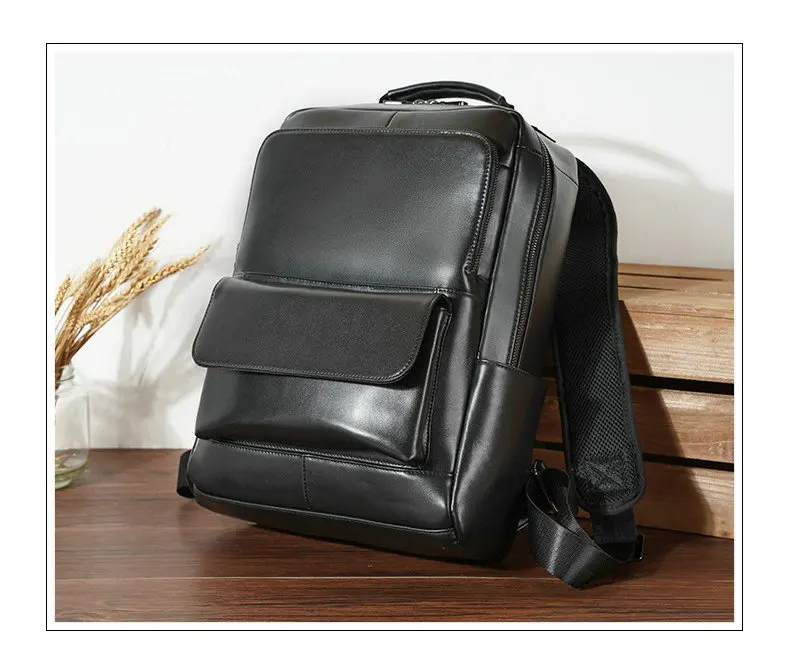 Unisex Black Leather Laptop Backpack Purse Bag