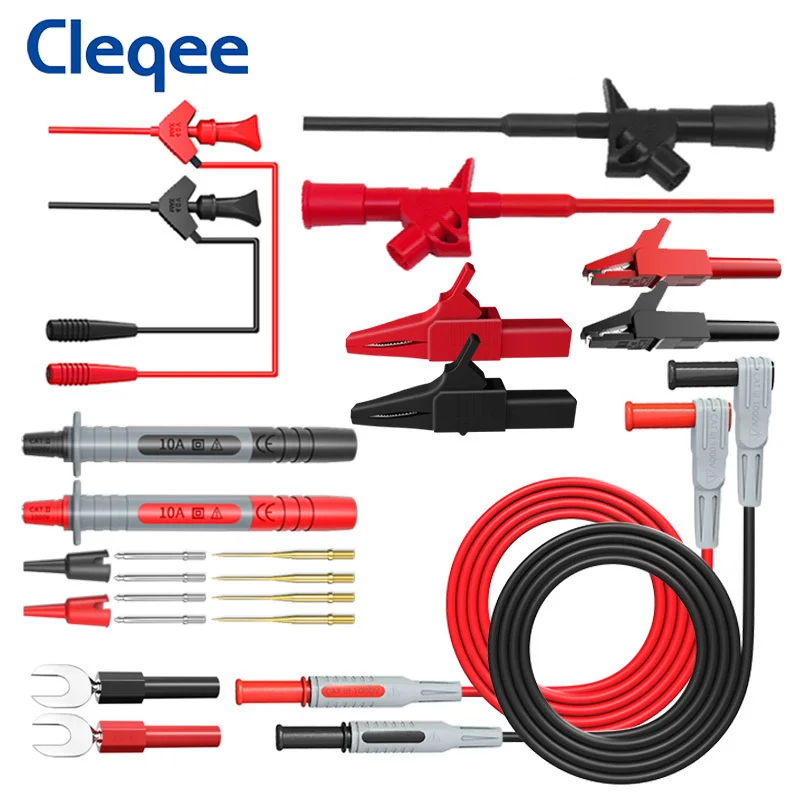 Cleqee P1300 시리즈 멀티미터 테스트 리드 키트 4mm 바나나 플러그 케이블 테스트 후크 클립 프로브 악어 클립 자동차 도구 키트