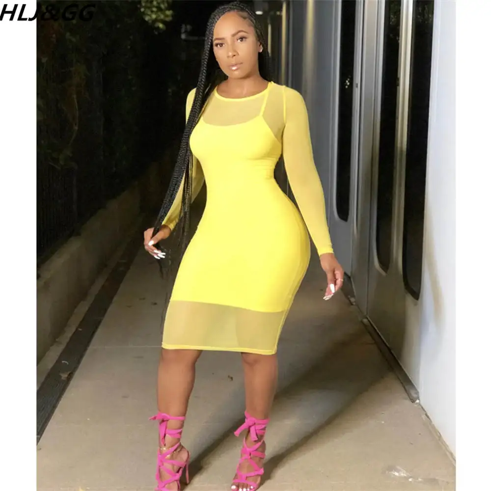 

HLJ&GG Casual Perspective Mesh+Suspenders Dresses Two Piece Set Women Solid Color Matching Outfits Fall Female Clothing Vestidos