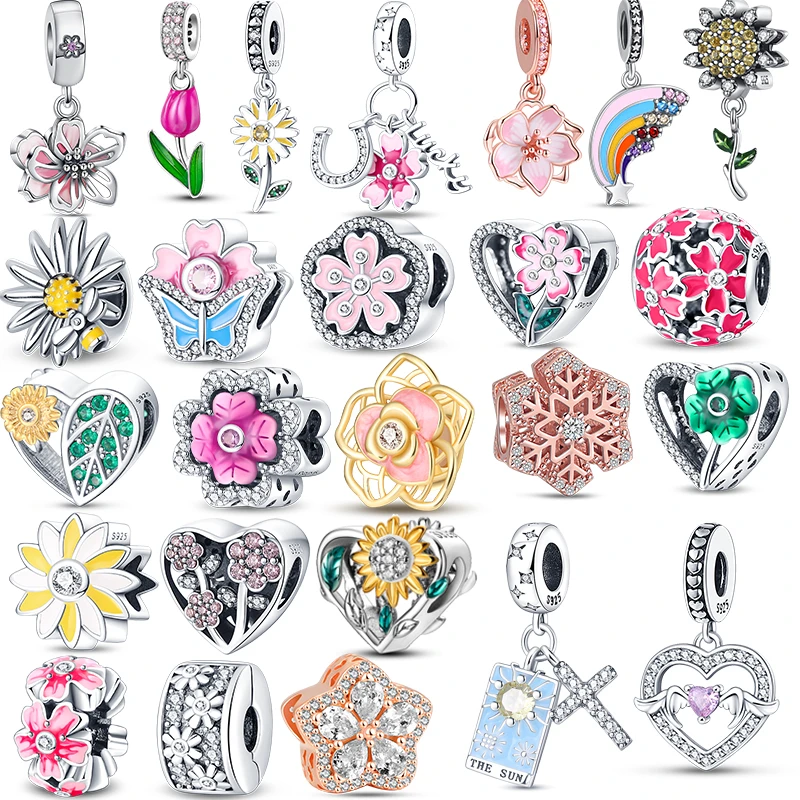 

2024 New 925 Sterling Silver Charm Dangle Flower Clips Shiny Heart Colorful Fit Original Pandora Bracelet DIY Women Jewelry Gift