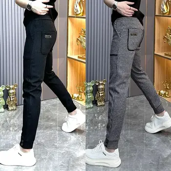 남성용 고급 비즈니스 격자 무늬 캐주얼 바지, 슬림핏, 올매치 스몰 풋 팬츠, 용수철 트렌드, 남성 스트레치 바지, 2024