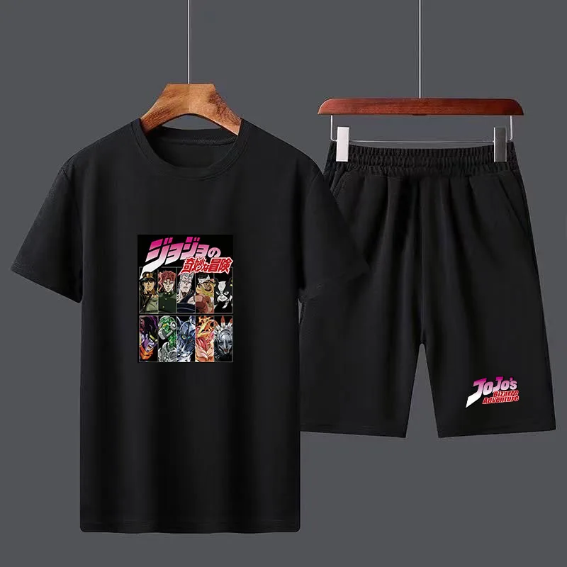 Anime Jojo Bizarre Adventure Boys Male Casual Short Sleeve Top Pants Suits Streetwear Tops Tshirts Cotton Men's T Shirt Set