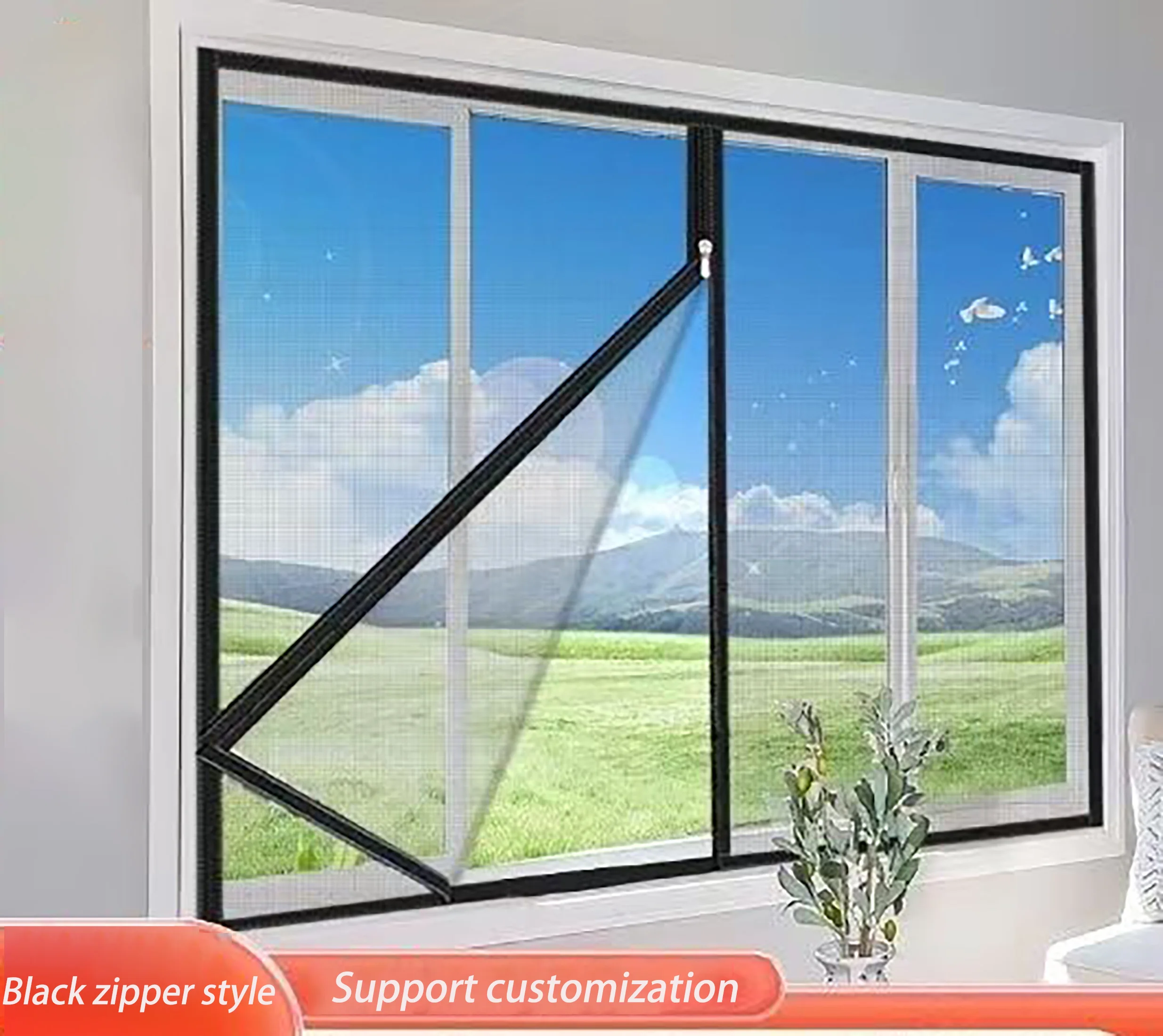 Black custom mosquito screen window, window screen, self-adhesive window mosquito net, zippered household screen window