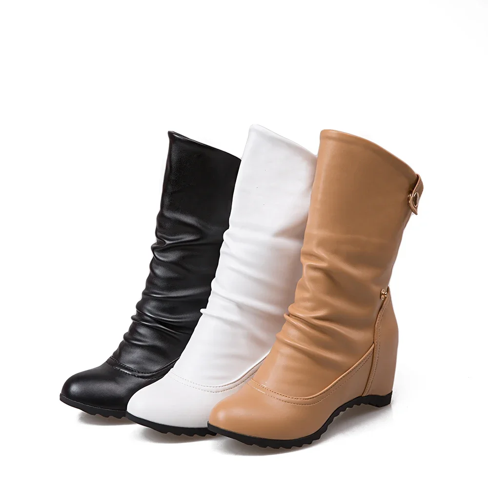 Botas de cuña para mujer, zapatos de talla grande 33-43, zapatos planos largos de cuero Pu suave para motocicleta, blanco y negro, primavera y otoño