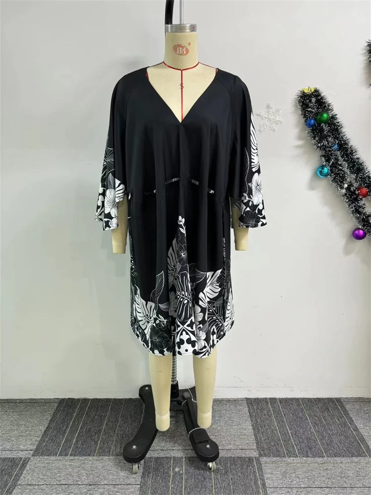 Wmstar Women Dress Summer Elegant Sexy Long Sleeve Comfortable Slit V Neck Printed Vacation Beach Dress Evening Party Outfits