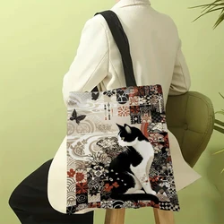 Timeless Black and White Cat Print Tote Bag - Reusable and Durable Casual Carryall (1)