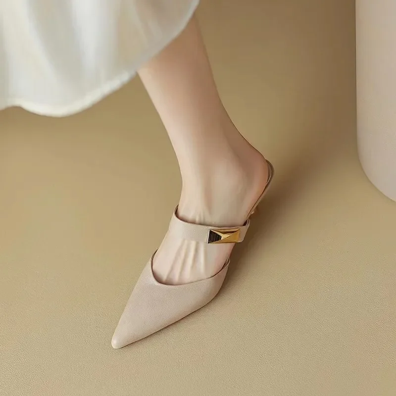 Women Kitten Heels Mules Golden Rivet Pointed Toe Summer Sandals Fashion Beige Ladies Casual Med Heels  Luxury Shoes 4