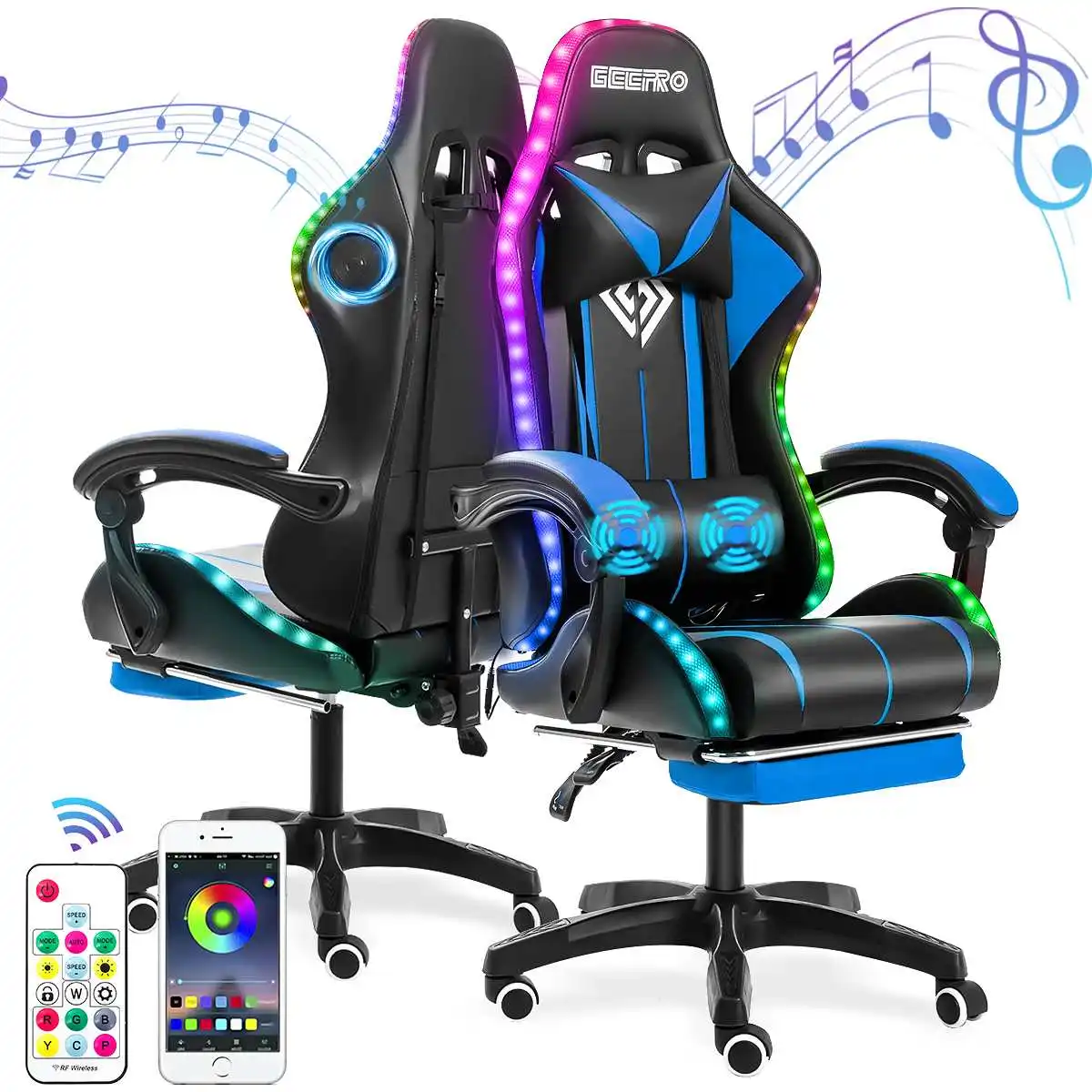 135 Degrees Gaming Chair RGB Light Office Chair Gamer Computer Chair Ergonomic Swivel 2 Point Massage Recliner Bluetooth Speaker 