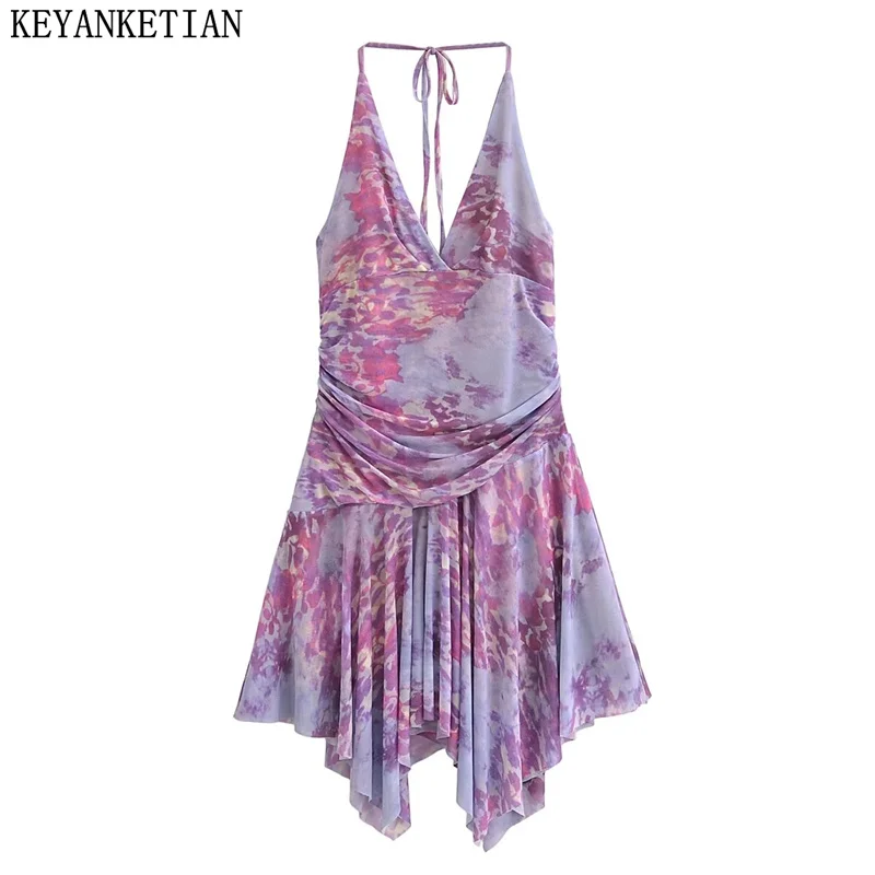 

KEYANKETIAN 2024 New Launch Women's Tie-dye Printed Sleeveless Dress Bohemian Holiday wind High waist Backless Halter Mini Dress