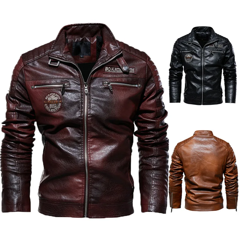 men's PU leather jacket European and American motorcycle jacket plush leather jacket handsome motorcycle  men's jacket