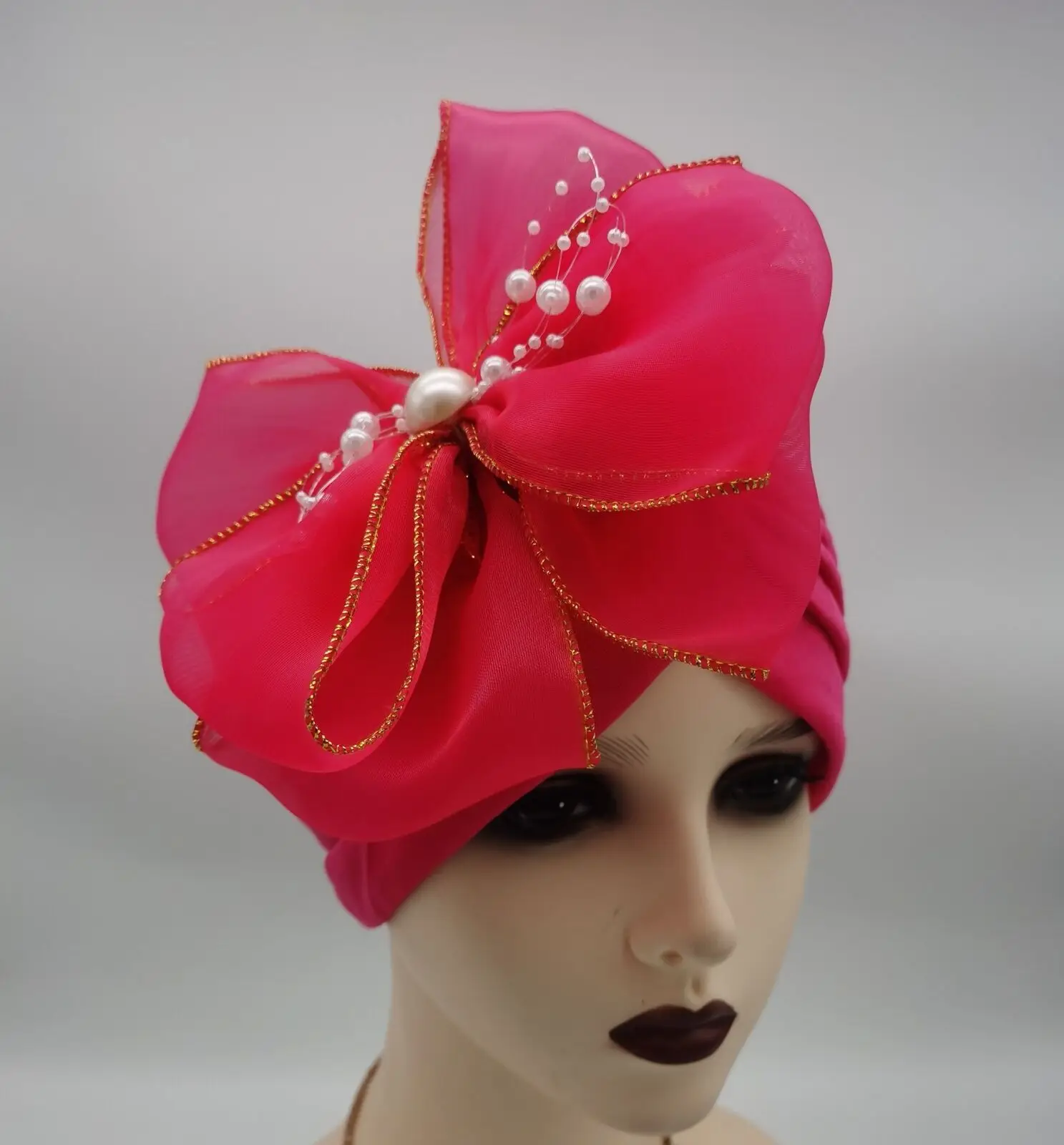 Women's Mesh Flowers Turban Caps Elegant Muslim Headscarf Bonnets African Headtie Party Headwear Nigeria Female Top Hat Fashion 6