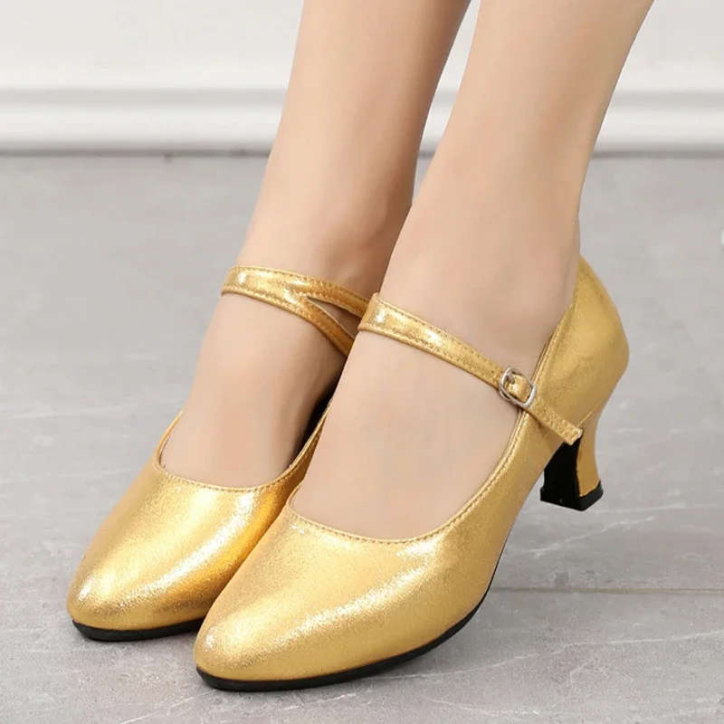 Women's Professional Jazz Tango Shoes 3.5/5cm Champagne Color Soft Sole Dance Shoes Square Social Dancing Shoes Standard 2