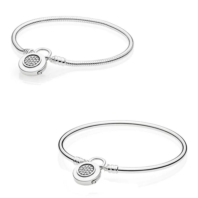 

Authentic 925 Sterling Silver Moments Logo Signature Padlock Bracelet Bangle Fit Bead Charm Diy Fashion Jewelry