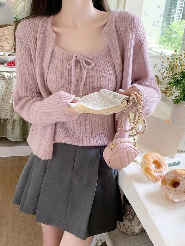 Dress Sets Women Knitted Tender O-neck Lazy Elegant Spring Cozy Tops Pleated Casual Sweet Mini Skirts Solid All-match Fashion hollow out shirts women peter pan collar fashion tender sweet solid young french style elegant ins new arrival chic