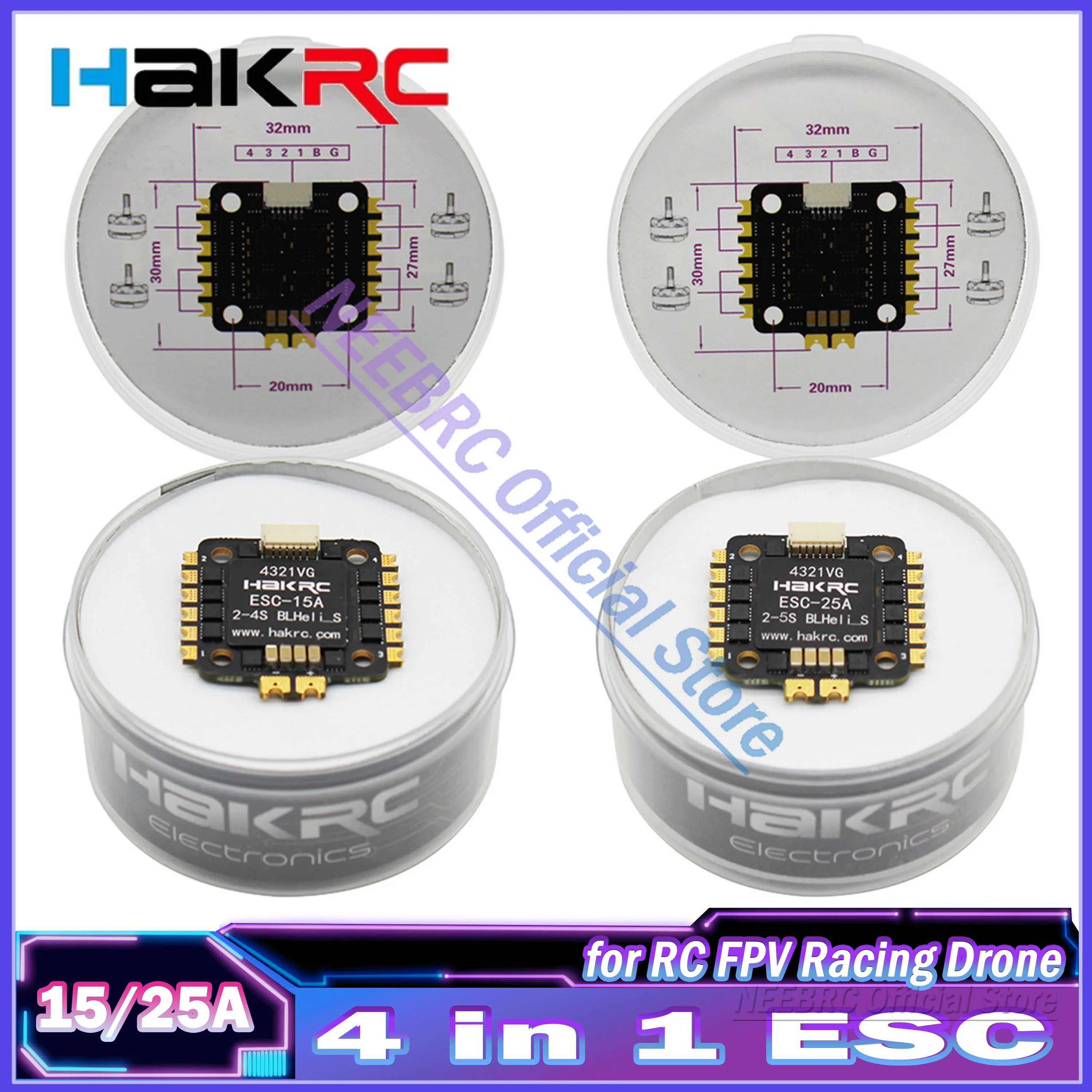 

HAKRC 4 in 1 15A 25A ESC Electric Speed Controller 2-4S LiPo BLHELI_S for RC FPV Racing Drone Mark4 APEX Quadcopter Model Part