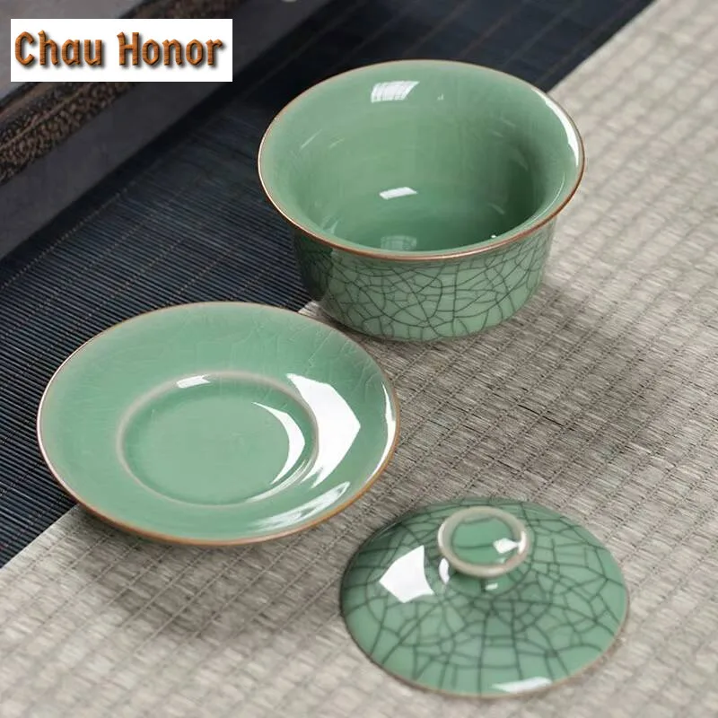 135ml Chinese Longquan Celadon Kung Fu Tea Set Manual Sancai Cover Bowl Ceramic Ge Kiln Ice Crack Hand Grab Tea Bowl Drinkware