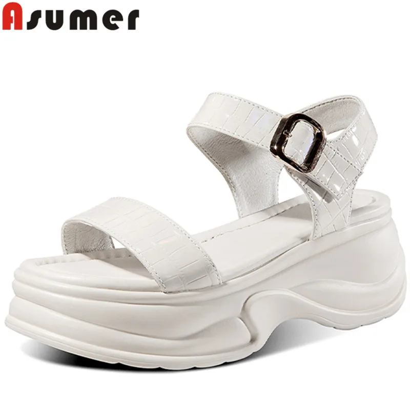 

ASUMER 2022 New Buckle Flat With Heels Sandals Genuine Leather Modern Women Sandals Simple Ladies Dress Platform Shoes