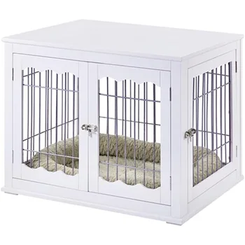 Furniture Style Dog Crate End Table with Cushion, Wooden Wire Pet Kennels with Double Doors, Medium Dog House Indoor Use 1