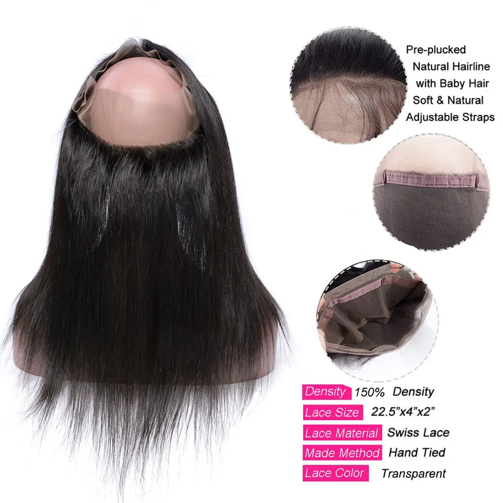 360 Lace Frontal Closure Straight Human Hair Pre Plucked Natural Hairline With Baby Hair 10 inch To 22 Inch