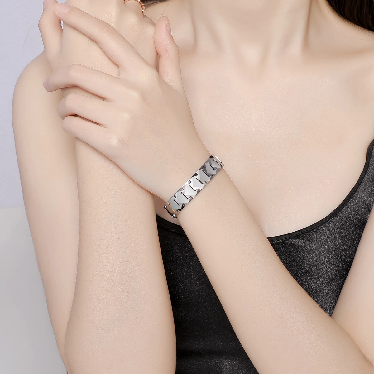 남녀 커플용 텅스텐 링크 팔찌, 높은 광택 상감, 건강 마그네틱 스톤, 3 가지 색상, 맞춤형