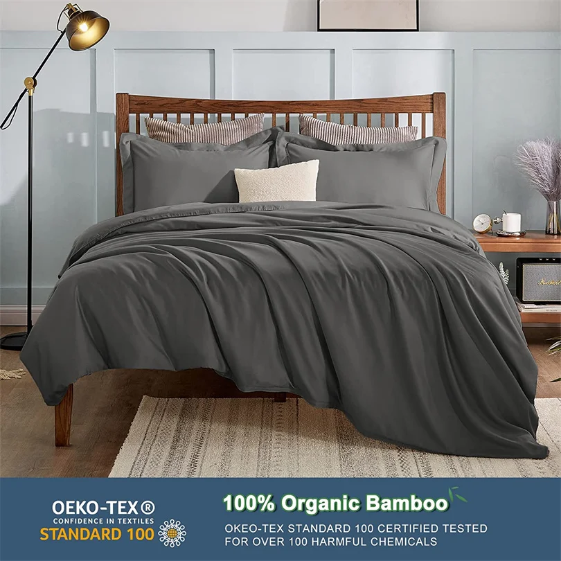 100% Organic Bamboo Bedding Set with Duvet Cover Fitted/Flat Sheet Pillowcase Luxury Silky Bedsheet Bed Linens Queen King Size 2