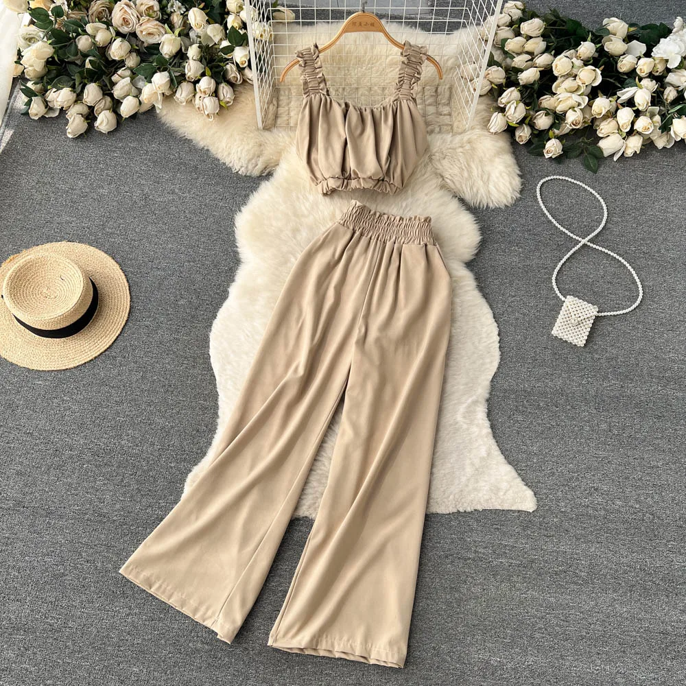 

Summer Solid Color Sexy Sports Suits Women New Fashion Sexy Short Tops +elastic Waist Wide-leg Trousers Two-piece Sets J359