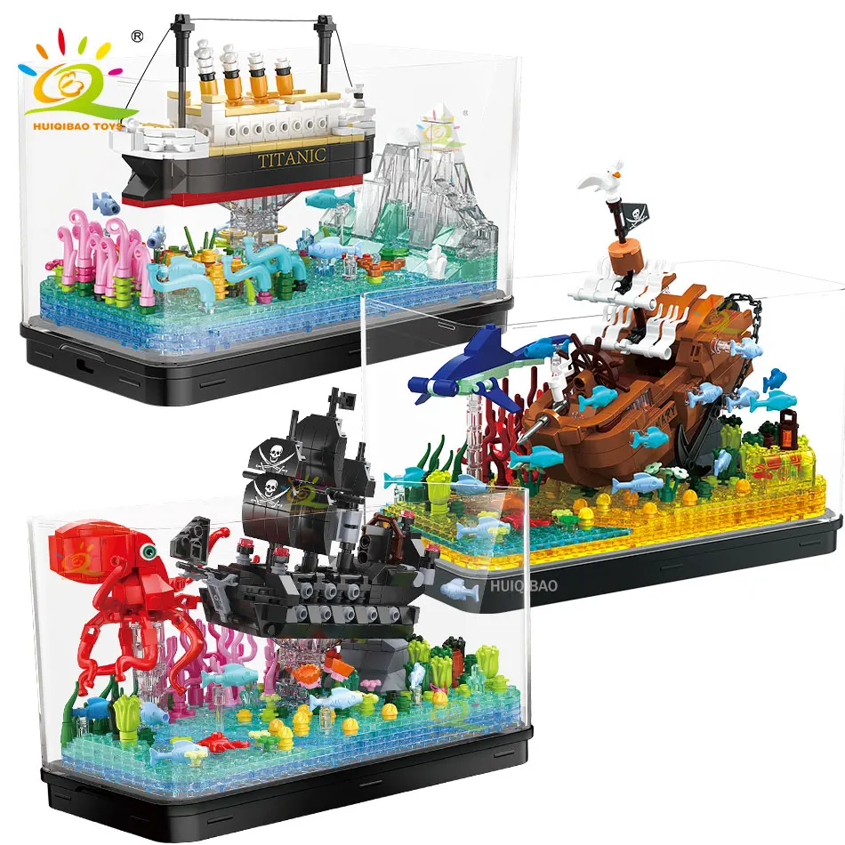 HUIQIBAO MOC 해적선 타이타닉 어항 장식품, 마이크로 빌딩 블록, DIY 범선 세트, 벽돌 도시, 창의적인 어린이 장난감