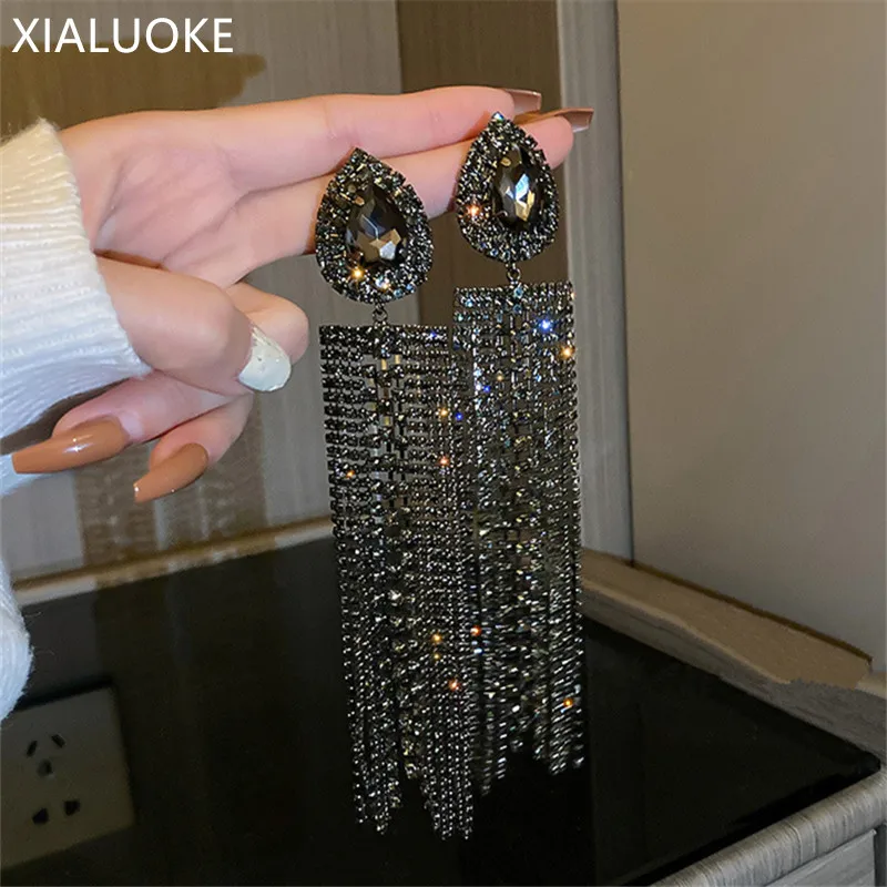 XIALUOKEBlackColorfulWaterDropCrystalEarringsOversizeLongTasselRhinestoneDangle