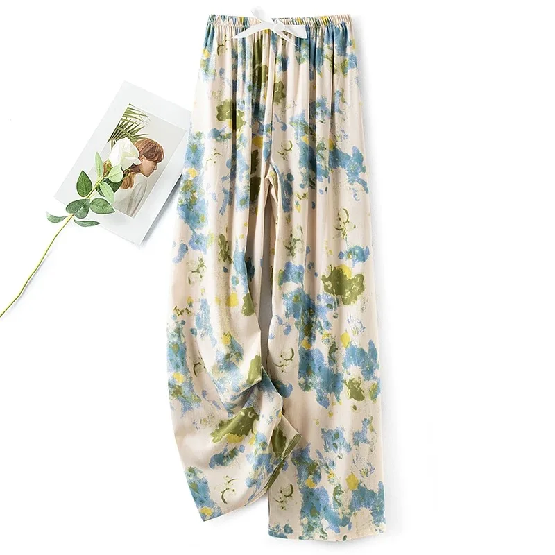 Women Cotton Casual Trousers Summer Loose Pajamas Home Pants Thin Wide Leg Pants Fashion Oversized Sleep Bottoms Korean Pants_ecoleips.com