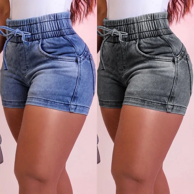 DongCMY Luxury fashion slim spring/summer new slim denim shorts women's high waist elastic waist lace-up hot pants