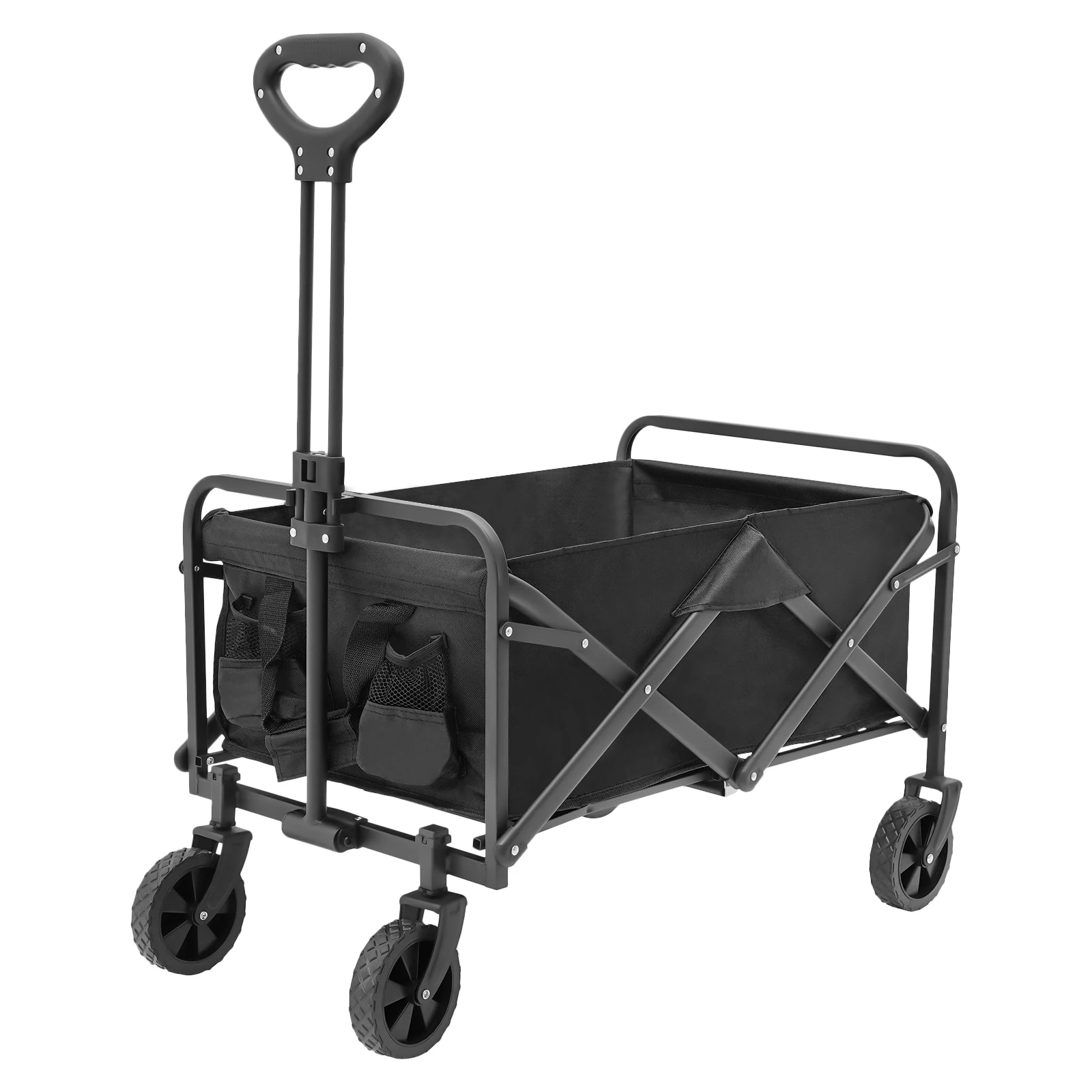Collapsible Folding Wagon Garden Cart Utility Wagon Beach with 5" Rubber Wheels Adjustable Handle and 2 Cup Holders
