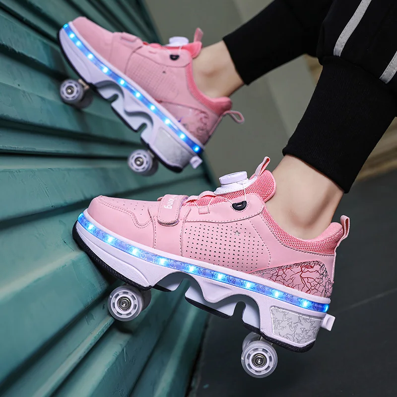 LED Light Deform Wheel Skates Roller Skate Shoes With 4-Wheel  Deformation Parkour Runaway Sneakers Children Adult Rounds Walk