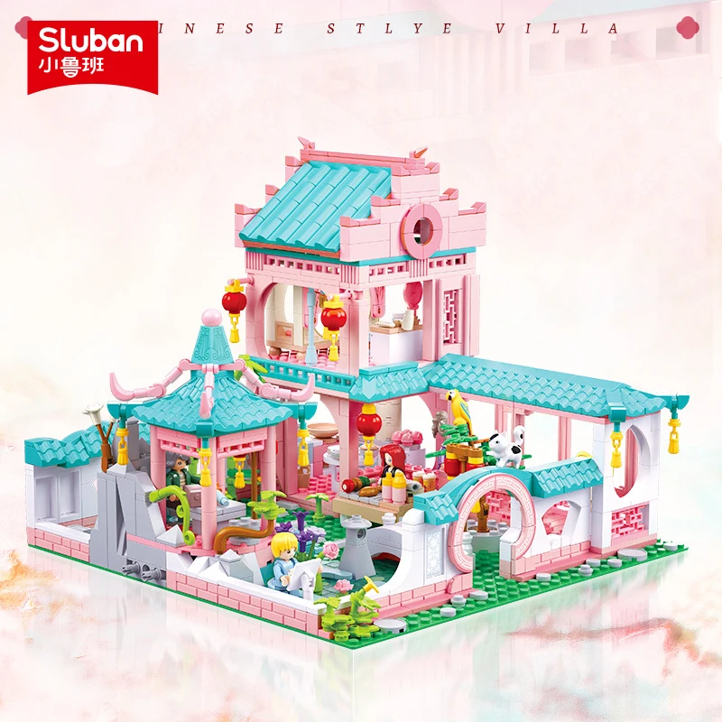 

Chinese City Street View Pink Spring House Blocks Summer Villa Castle Building Block Bricks DIY Assembled Toys For Kids Gift
