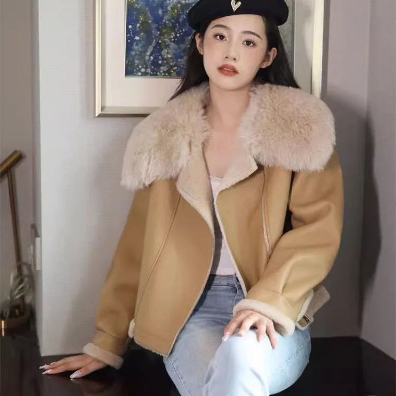 Autumn 2023 Winter New Fur One Jacket Women\'s Short Motorcycle Lapel Lamb Fur Coat Fashion Loose Warm Leather Jacket Outwear