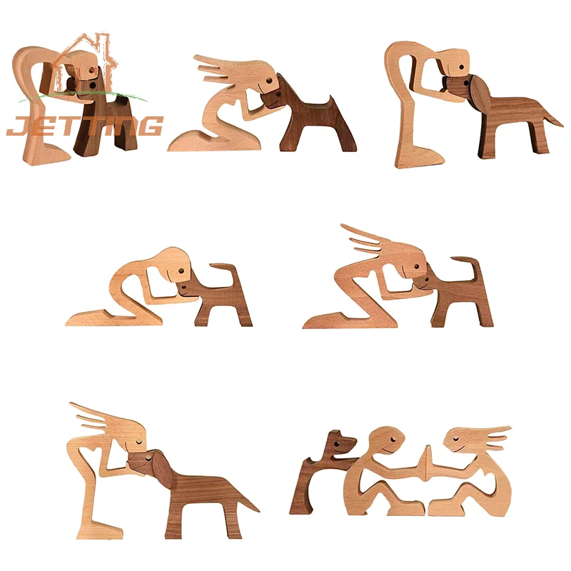 Family Puppy Wood Dog Craft Figurine Regalo Di San Valentino Carving Model Home Office Decoration Regalo Di Natale Coppia Decorazione