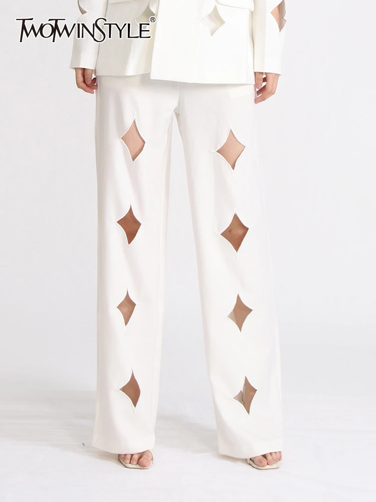 

TWOTWINSTYLE Hollow Out Casual Pants For Women High Waist Patchwork Button Loose Minimalist Wide Leg Pant Female Fashion Style