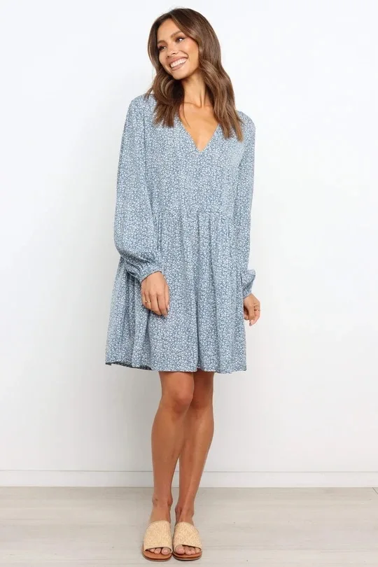 

Cross Border European and American High-quality Women's Autumn V-neck Doll Print Long Sleeved Loose Fitting Dress Short Skirt