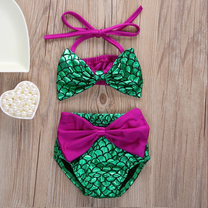 

2Pcs Baby Girls Mermaid Swimming Costume Swimwear Sleeveless Bowknot Bikini Top Triangle Crotch Short with Bow Kids Beachwear