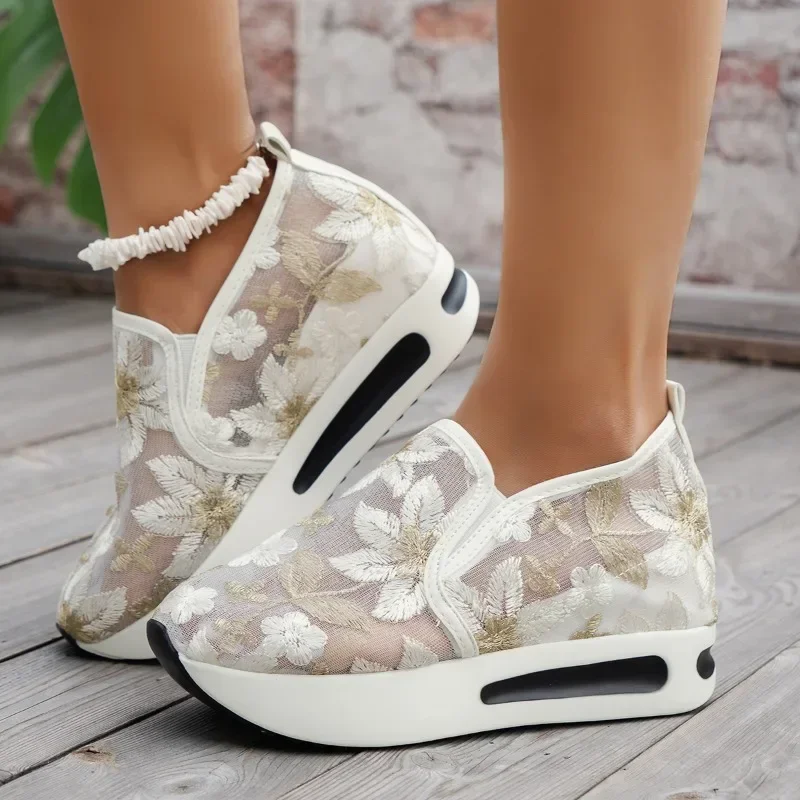 Women Sneakers Summer Breathable Lace Mesh Flower Embroidery Round Head Thick Sole Comfortable Casual Sneaker Shoes Zapatillas